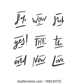 Handdrawn short vector words. Lettering short vector phrases - yes, wow, sale, shop, and, love.