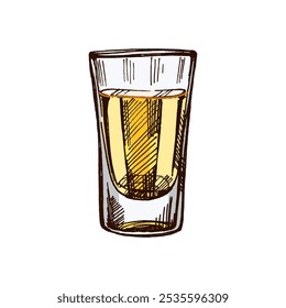 Vaso de chupito dibujado a mano con tequila. Elemento de diseño para el menú de bares y restaurantes, tiendas de alcohol. Ilustración de boceto de Vector en estilo de grabado. Mexicano, Latina América.