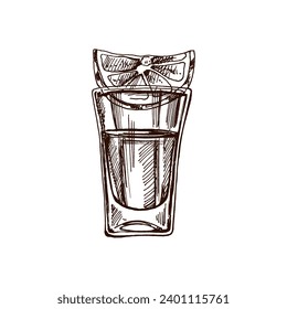 Hand-drawn shot glass with tequila with a slice of lime. Design element for the menu of bars and restaurants, alcohol stores. Vector sketch illustration in engraving style. Mexican, Latin America.