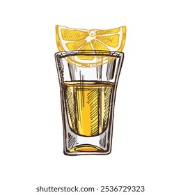 Vaso de chupito dibujado a mano con tequila con una rodaja de lima. Elemento de diseño para el menú de bares y restaurantes, tiendas de alcohol. Ilustración de boceto de Vector en estilo de grabado. Mexicano, Latina América.