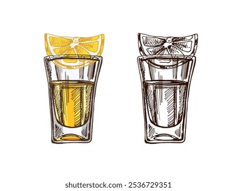 Vaso de chupito dibujado a mano con tequila con una rodaja de lima. Elemento de diseño para el menú de bares y restaurantes, tiendas de alcohol. Ilustración de boceto de Vector en estilo de grabado. Mexicano, Latina América.