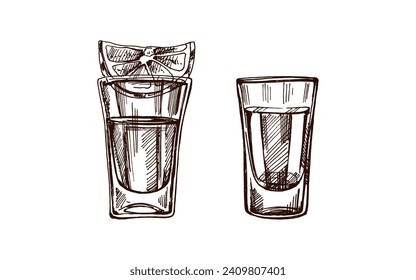 Hand-drawn shot glasses with tequila with a slice of lime. Design element for the menu of bars and restaurants, alcohol stores. Vector sketch illustration in engraving style. Mexican, Latin America.