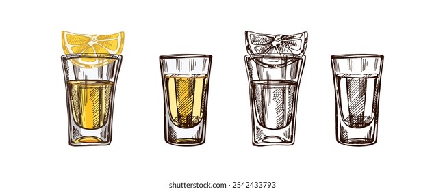 Vasos de chupito dibujados a mano con tequila con una rodaja de lima. Elemento de diseño para el menú de bares y restaurantes, tiendas de alcohol. Ilustración de boceto de Vector en estilo de grabado. Mexicano, Latina América.