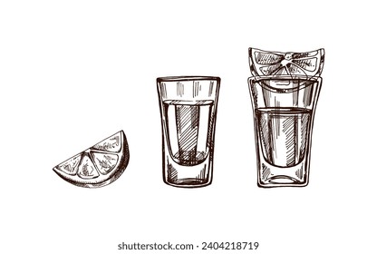 Hand-drawn shot glasses with tequila with a slices of lime. Design element set for the menu of bars and restaurants, alcohol stores. Vector sketches in engraving style. Mexican, Latin America.