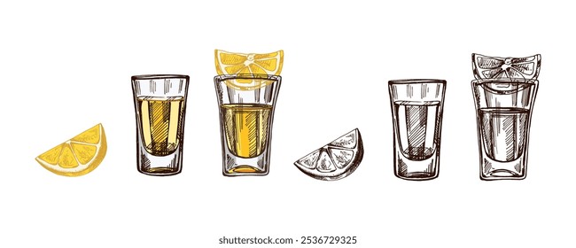 Óculos de tiro desenhados à mão com tequila com fatias de cal. Conjunto de elementos de design para o menu de bares e restaurantes, lojas de álcool. Esboços vetoriais em estilo de gravação. Mexicano, América Latina.