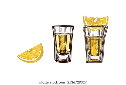 Vasos de chupito dibujados a mano con tequila con rodajas de lima. Conjunto de elementos de diseño para el menú de bares y restaurantes, tiendas de alcohol. Bocetos de Vector en estilo de grabado. Mexicano, Latina América.