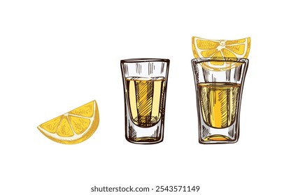 Hand-drawn shot glasses with tequila with a slices of lime. Design element set for the menu of bars and restaurants, alcohol stores. Vector sketches in engraving style. Mexican, Latin America.