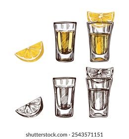 Hand-drawn shot glasses with tequila with a slices of lime. Design element set for the menu of bars and restaurants, alcohol stores. Vector sketches in engraving style. Mexican, Latin America.