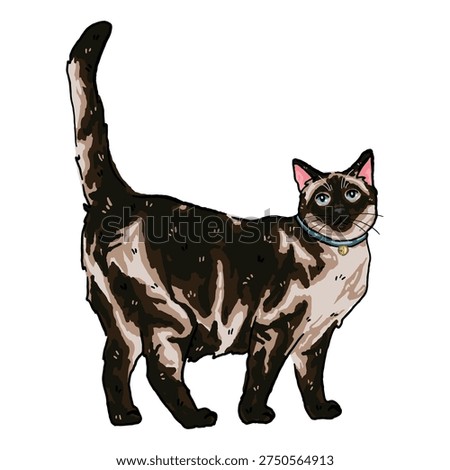Hand-drawn siamese cat in walking pose isolated on white. Vector illustration of a siamese cat. Design illustration for sticker, comic, print.