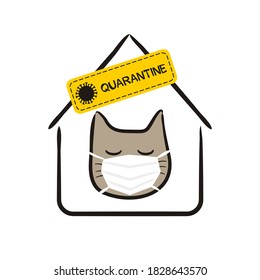 A hand-drawn sick cat wearing a protective mask in a quarantine house. Infected sneezing cute pet. Vector children's illustration on the subject of symptoms, quarantine, medicine, safety and health.