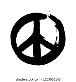 Handdrawn sign pacifist, peace hippie symbol. Hand written black lettering on white background.