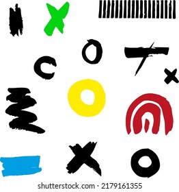 Hand-drawn signs and symbols. Vector. Colored abstract shapes. Painted figures. Material. Texture. Geometry. A circle. Set of abstract shapes and signs.