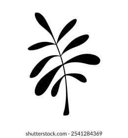 Hand-drawn silhouette of an abstract black twig with leaves isolated on a white background, doodle, vector. A decorative element for decoration, design, background. Botanical graphic illustration.