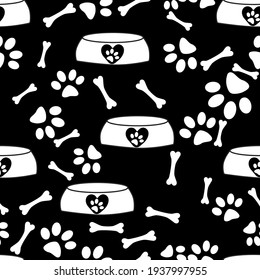 Hand-drawn silhouette of animal paw and bone seamless pattern background for print.