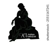 A hand-drawn silhouette of beautiful woman, A tall lady sitting on rock, A vector silhouette of Indian lady