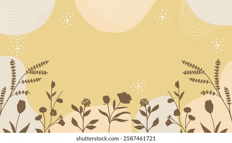 Hand-drawn silhouette botanical banner background in warm brown tones. Ideal for branding, invitations, packaging, web design, and nature-themed projects.