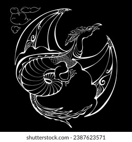 Hand-drawn silhouette dragon. Outline Dragon pattern. The mythical creature. White line on black background. Linear minimalist depiction of a legendary creature. Dragon tattoo. Vector illustration.