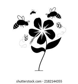 Dibujado a mano en la flor de silueta con abeja 