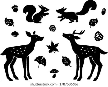 Hand-drawn silhouette illustration set of deer and squirrels, forest leaves, tree nuts