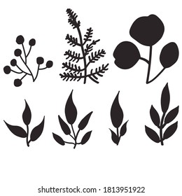 Hand-drawn silhouette of leaves background for print. Floral vector element design collection.