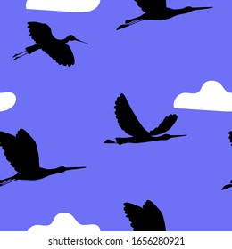 Handgezeichnete Silhouette nahtloses Muster mit Storchen. Line Art. Vektorillustration Illustration. Schwarz-Weiß-Clipkunst