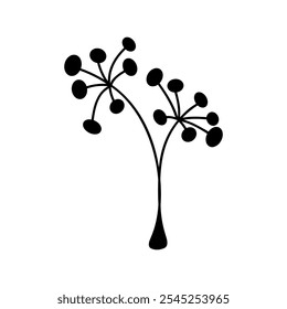 Hand-drawn silhouette of a twig with berries on a thin stem, isolated on white, vector. Botanical black and white illustration of a plant. Decorative element for design, icons, decoration, decoration.