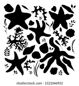 Hand-drawn silhouettes about sea life consists of starfish corals, grass, shells in black.