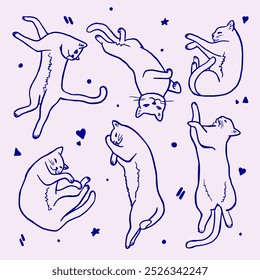Silhuetas desenhadas à mão de um gato em poses diferentes. Um bonito conjunto de esboço de gatos relaxantes pode ser impresso em roupas ou papel