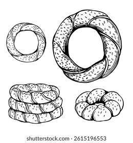 Hand-drawn simit , sesame bagel on white background. Vector sketch illustration. 