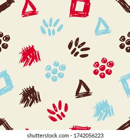 Hand-drawn simple abstract geometric vector seamless pattern. Blue, red, dark brown doodle triangle, square, dots, elements on a light gray background. For fabric, textile, children's cartoon decor.