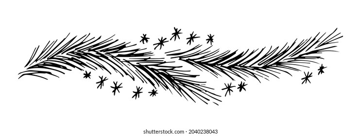 Hand-drawn simple black and white vector drawing. Pine, fir branch, snowflakes. For festive New Year's decor, Christmas design, postcards, labels.