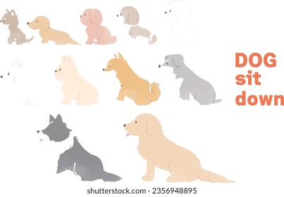 Hand-drawn simple cute dog illustration, sideways sitting, no main line