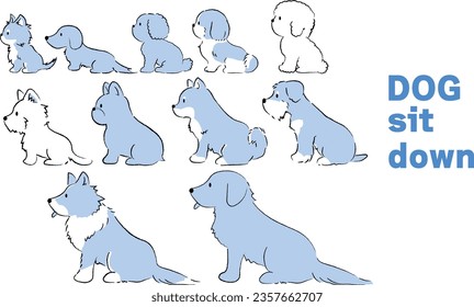 Hand-drawn simple cute dog illustration, landscape orientation　blue