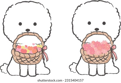 
Hand-drawn, simple and cute illustration of a Bichon Frize Heart basket with a basket filled with flowers