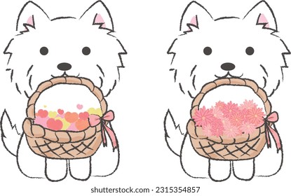 A hand-drawn, simple and cute illustration of a white terrier with a basket of hearts and a basket filled with flowers