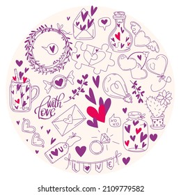 Hand-drawn simple doodle love and 14th february themed elements. Isolated vector outline illustrations for the St.Valentine's day