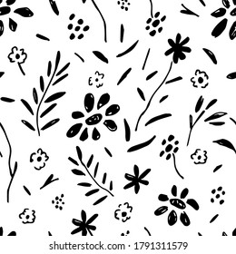 Hand-drawn simple floral vector seamless pattern. Black flowers, leaves, twigs on a white background. For prints of fabric, packaging, textile products.