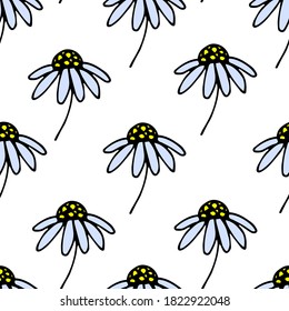 Patrón simple de vector floral de mano sin fisuras. Flores de camomila en un fondo blanco. Para impresiones de tela, embalaje, papel, ropa, ropa de cama, productos textiles.