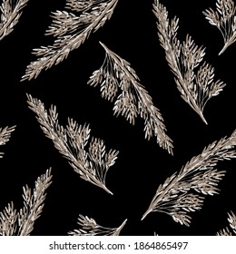 Hand-drawn simple floral vector seamless pattern. Light gray panicles inflorescence of pampas grass on a black background. For print fabrics, textile products, boho decor.