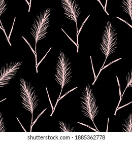 Hand-drawn simple floral vector seamless pattern. Pink panicles, inflorescences on a black background. For fabric, textile products, home decor, stationery.