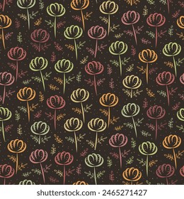 Handgezeichnete einfache florale Vektorgrafik nahtlose Hintergrundmuster. Herbstfarben-Hintergrund mit Linien-Kunst malerische Blumen. Konturen des Strukturdesigns. Dekorative botanische Wiederholung im gesamten Druck für den Herbst,