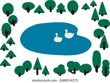 Hand-drawn simple forest illustration. Frame set surrounded by lovely trees.