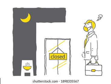 hand-drawn simple illustration,  man looking for dinner in lockdown
