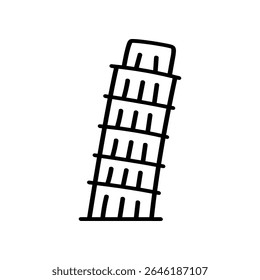 Um ícone de linha simples desenhado à mão mostrando a Torre Inclinada de Pisa. É um desenho vetorial e mostra o famoso marco em um ângulo inclinado