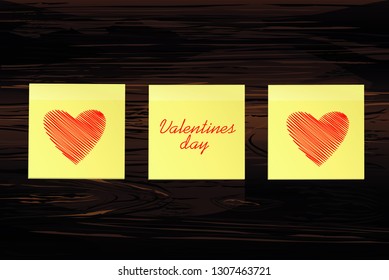 Hand-drawn Simple lines in the shape of red hearts. On a stickers for Valentine's Day. Creative design concept. Vector illustration on wooden background.  Copy space for text.