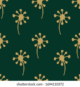 Hand-drawn simple repeating vector seamless pattern. Contour, silhouette of golden ocher flowers on a dark green background. For prints of fabrics, textile products, clothing, furniture, interior.