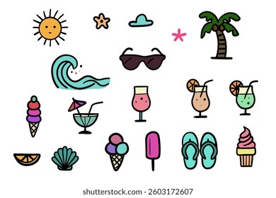 A hand-drawn, simple set of summer elements. Good for any project.