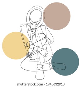 Hand-drawn simple sketch girl on white background with colorful circles