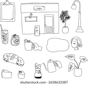 Desenhado à mão simples elegante ícone café ilustração conjunto, design de etiqueta, preto e branco