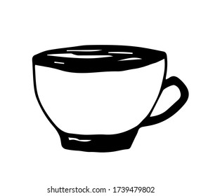 Hand-drawn simple vector black and white sketch. Mug, cup, dishes. Kitchen, coffee shop, hot drink.